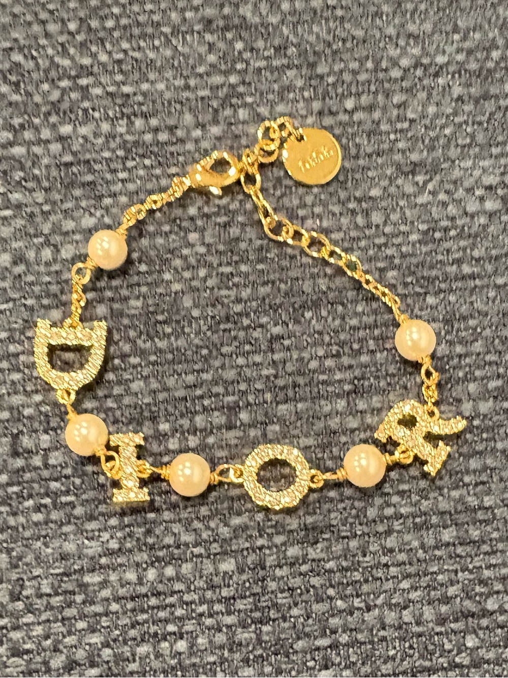 Dior Gold Tone Crystal Logo Pearl Bracelet Adjustable Designer Beauty Gift
